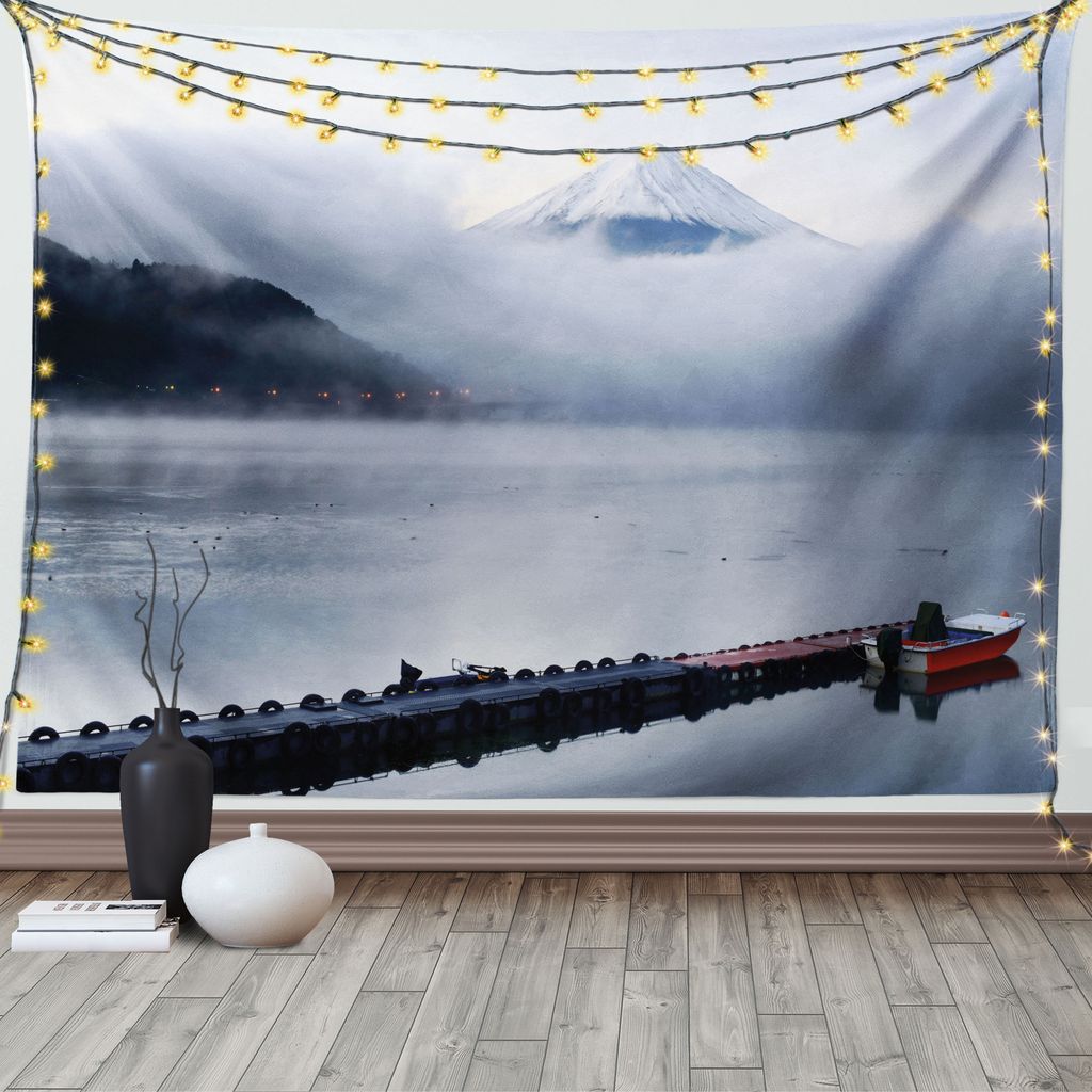 ABAKUHAUS Fuji Wandteppich, Berggipfel Kawaguchi, Wohnzimmer Schlafzimmer Wandtuch Seidiges Satin Wandteppich, 150 x 100 cm, Blau grau