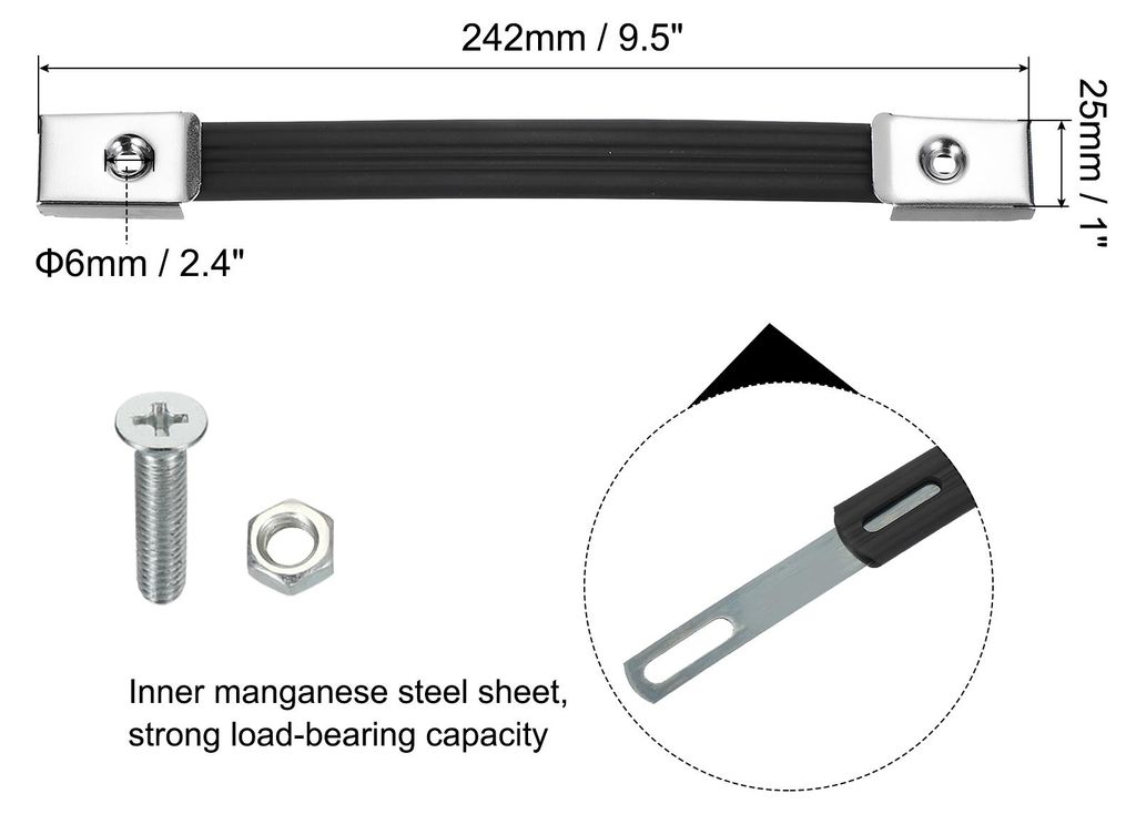 Griffriemen-Ersatz 9,5 Zoll, Gummiverst?rker-Lautsprecherkabinettgriff mit Metall-Endkappen und Hardware-Zubeh?r, Silberton
