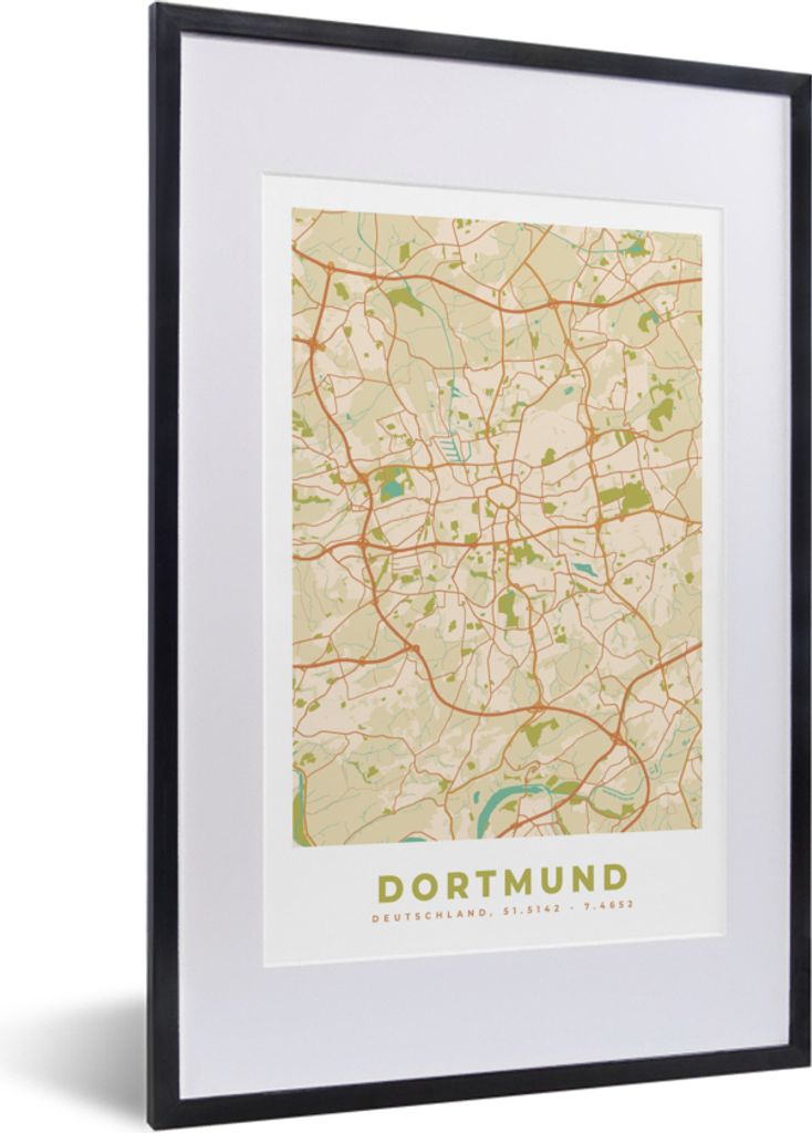 MuchoWow Gerahmtes Poster Stadtplan - Dortmund - Stadtplan - Vintage 40x60 cm - Poster mit Schwarzem Bilderrahmen Wandposter Rahmen Foto Bilder -...