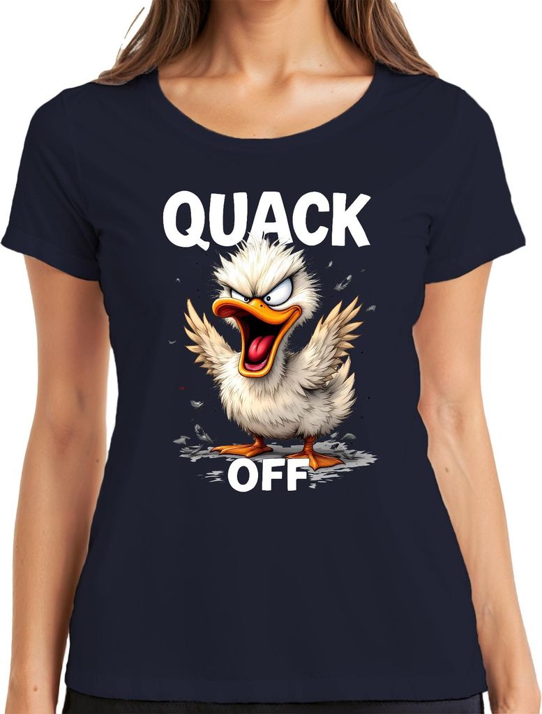 QUACK OFF lustige wütende Ente frech Cartoon Spruch sarkastisch Damen T-Shirt, Navy, 3XL