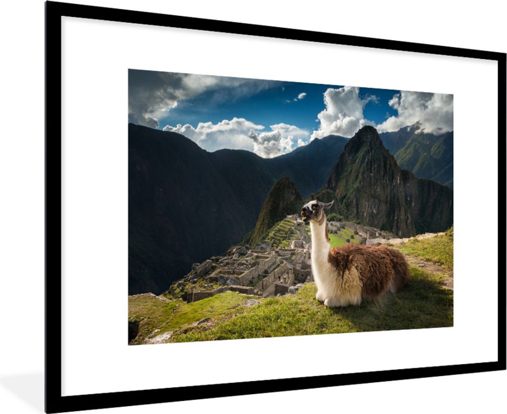 MuchoWow Gerahmtes Poster Alpaka in Machu Picchu 90x60 cm - Poster mit Schwarzem Bilderrahmen Wandposter Rahmen Foto Bilder - Wanddekoration - Fotos