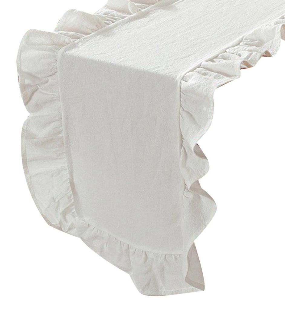 Gerüschter Tischläufer mit gewelltem Rand, rustikaler Tischläufer, waschbar, im Landhausstil, für Esstisch, Hochzeit, Brautparty, Dekoration