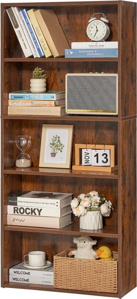 5 Tiers Narrow Bookshelf 53" Wooden Open Bookcase Adjustable Shelf Brown
