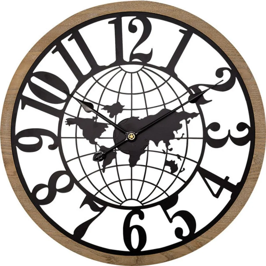 Horloge murale MPM Mundu E04.4528 en bois et métal style Map Monde 60 cm