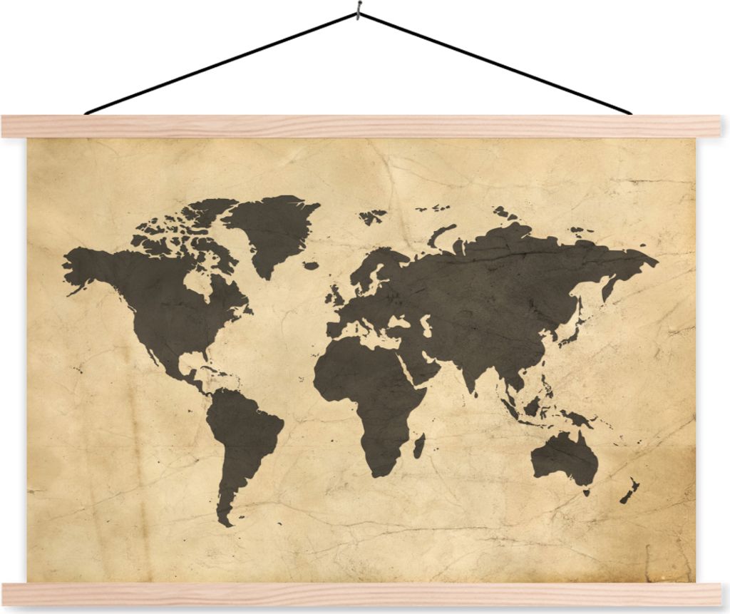 MuchoWow Textilposter Weltkarte - Sepia - Vintage - Braun 120x80 cm mit holzfarbenen Rahmen - Aufhängeset
