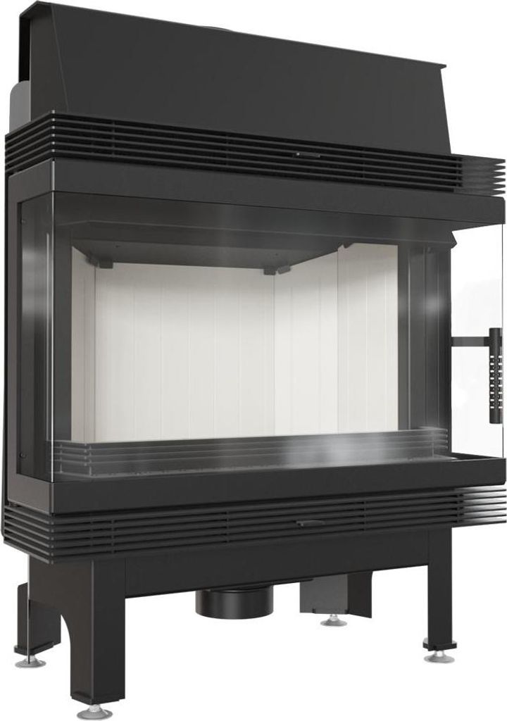 A black modern fireplace insert with glass doors and white interior, shown from a three-quarter angle against a white background.