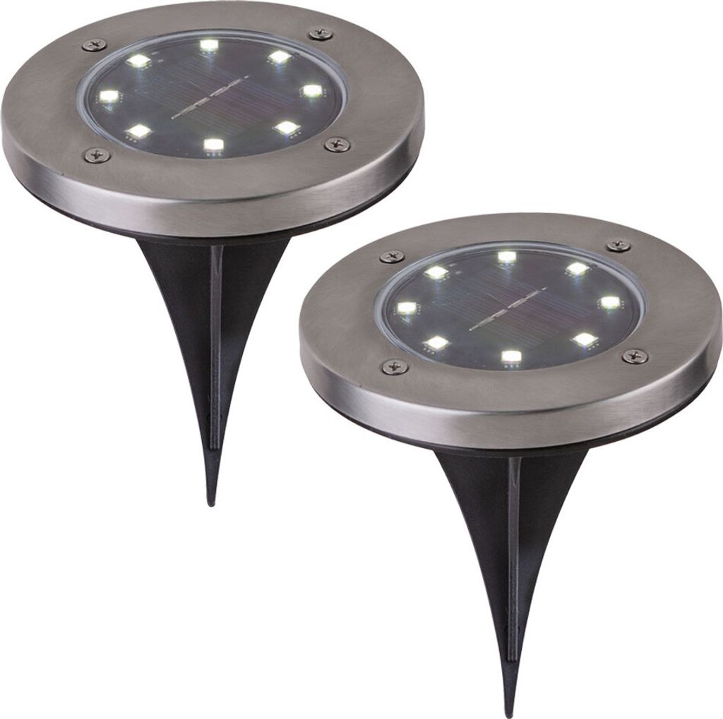 2er Set LED Solarleuchte, rund, Flach mit Erdspitz