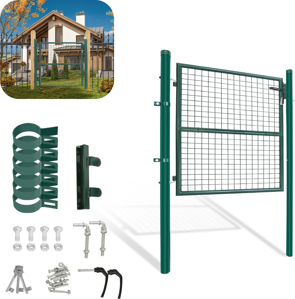 Jopassy Gartentor Zauntür Gartenzaun Gartentore Pulverbeschichtet Verzinkt mit Schloss Türklinke und Schlüssel Grün Rundpfosten 100x100cm