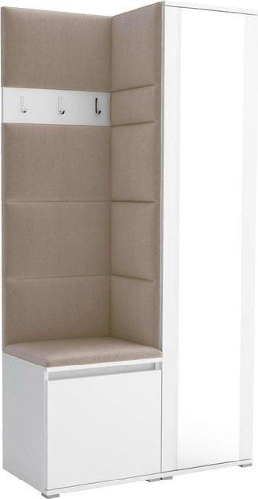 Garderoben-Set Noris VI mit Spiegel, gepolsterte Garderobe 95 cm, kompakte Flurmöbel mit Wandpaneelen, Haken und Stauraum (Farbe: Weiß + Trinity 04)