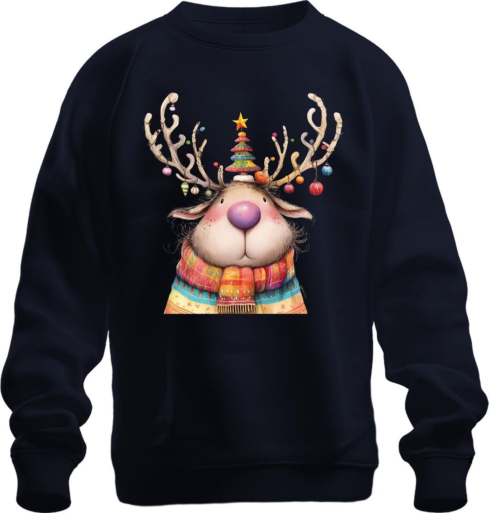 Niedliches Weihnachtsrentier rosa Nase bunter Schal Geschenk Uni Sweatshirt Pullover, Navy, 3XL