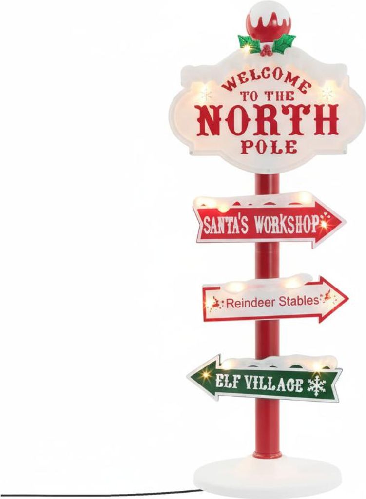 A festive Christmas-themed directional signpost with lights.