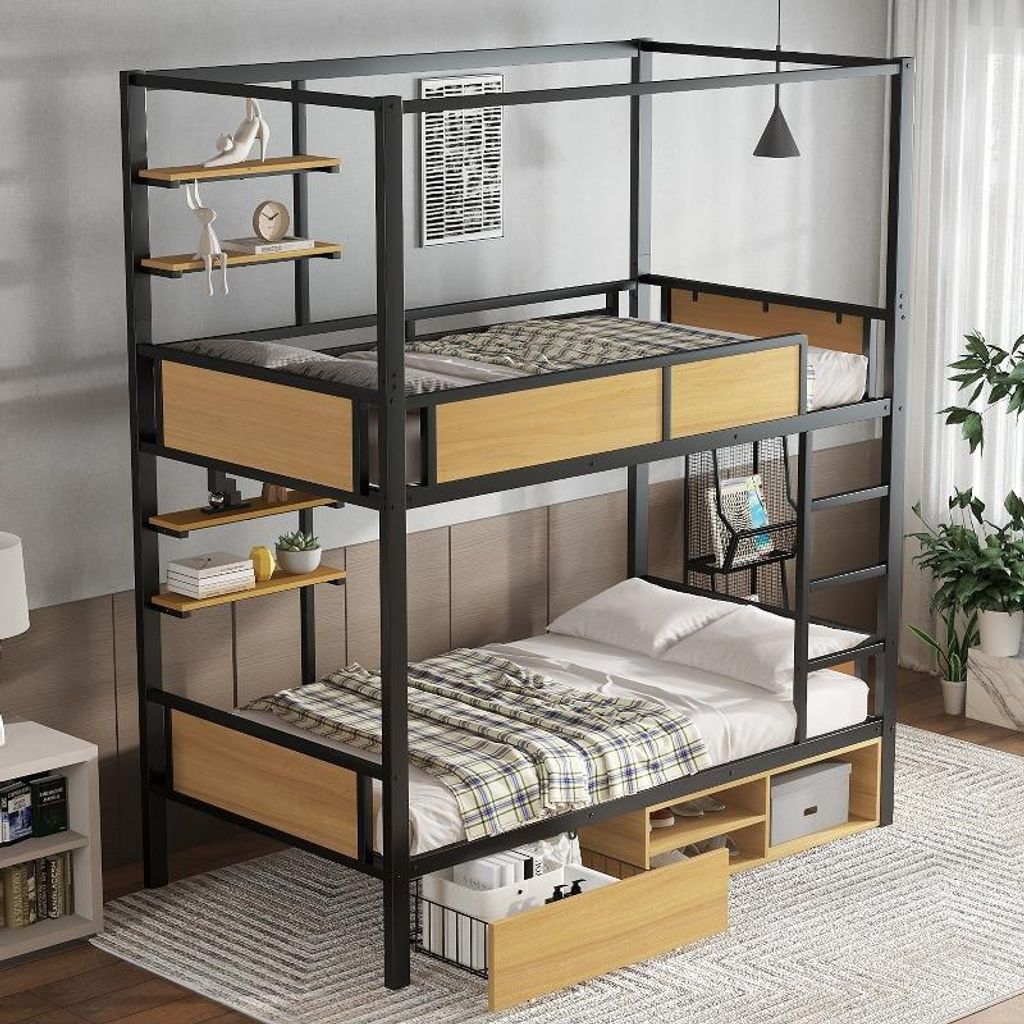 Poschodová posteľ 90x200 cm, čierna a prírodná farba, Obrázok produktu 
