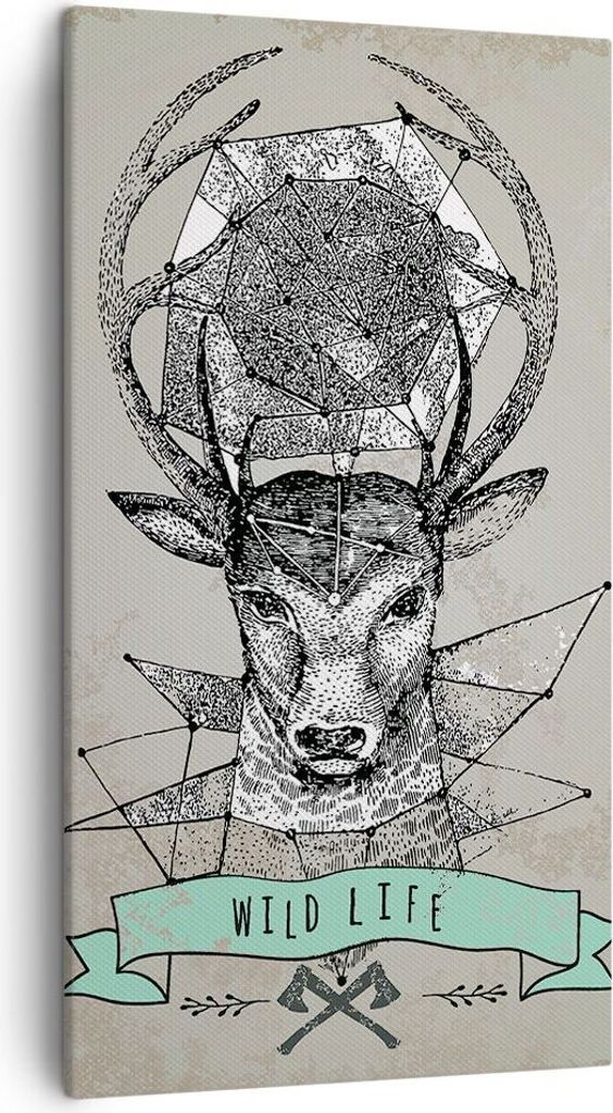 Bild auf Leinwand - Leinwandbild - Hirsch Geweih Wald - 45x80cm - Wand Bild - Wanddeko - Wandbilder - Leinwanddruck - Bilder - Kunstdruck - Wanddek...