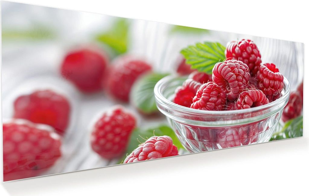 Glasbild 150x60cm in XXL für Wohnzimmer, Schlafzimmer Motiv Frische Himbeeren
