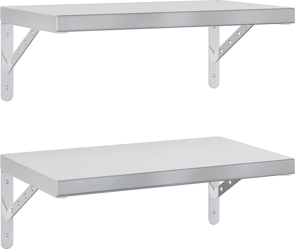 Two identical stainless steel wall shelves are shown against a white background.
