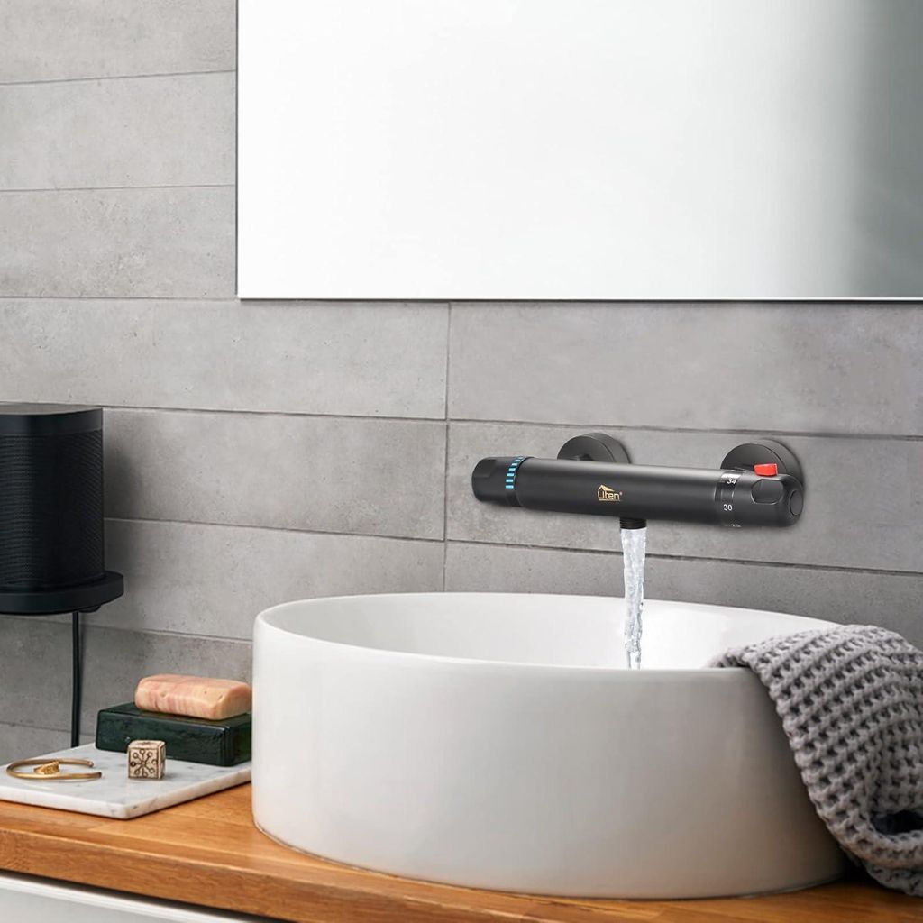 Schwarzer Duschthermostat mit Sicherheitsknopf 38 °C - Badarmatur für Badezimmer und Badewanne