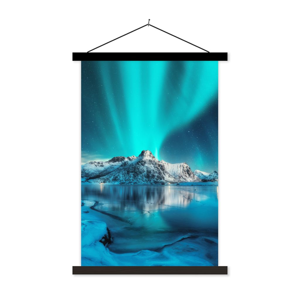 MuchoWow Textilposter Nordlicht - Eis - Schnee - Norwegen - Blau - Berge 120x180 cm mit schwarzem Rahmen - Fotos