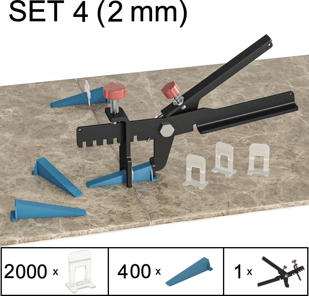 Sistema Livellamento Piastrelle 2mm: 2000 Clip + 400 Cunei + Pinza Acciaio