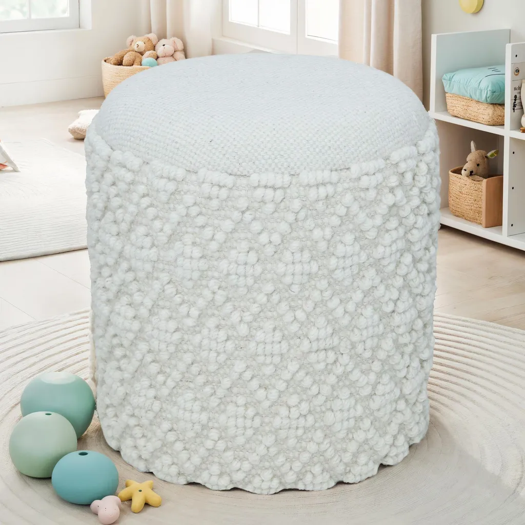 Tabouret Gain de Place en Laine Blanche : Rangement et Confort Bohème