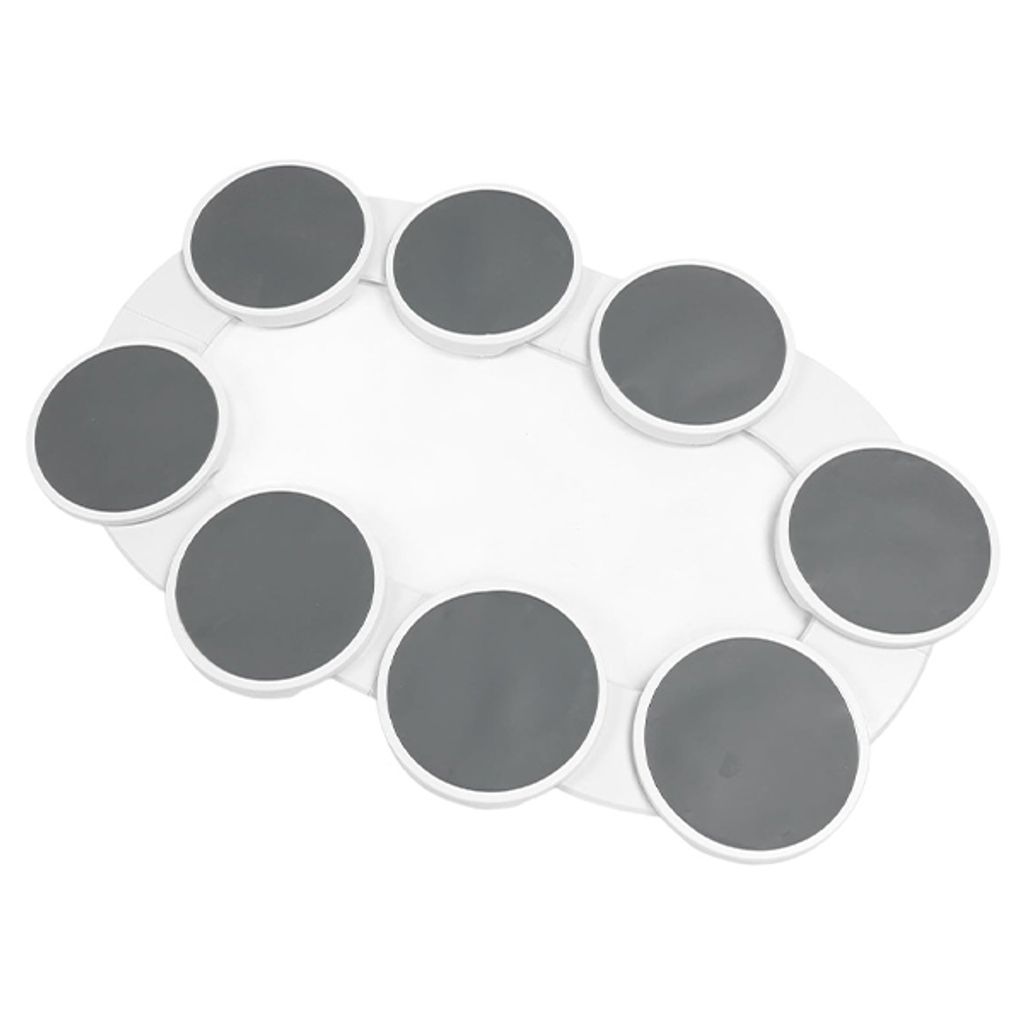 A white oval-shaped serving tray with eight circular gray plates arranged around its edge.