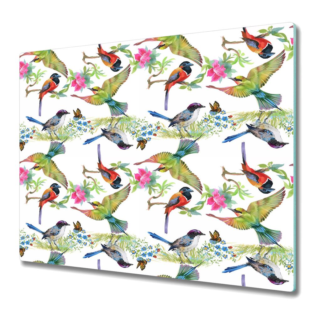 Küche Schneidebrett - Schneidebrett Glas - Herdabdeckung - 60x52 - Bunte Vögel weiß