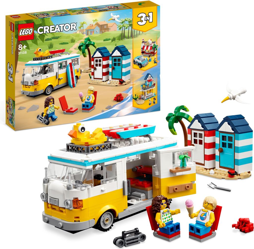 LEGO 31138 Creator 3in1 Strandcampingbus, Sommerhaus, Eiswagen Modellbausatz, Sommerferien Surfer Spielzeug, Geschenk für Kinder
