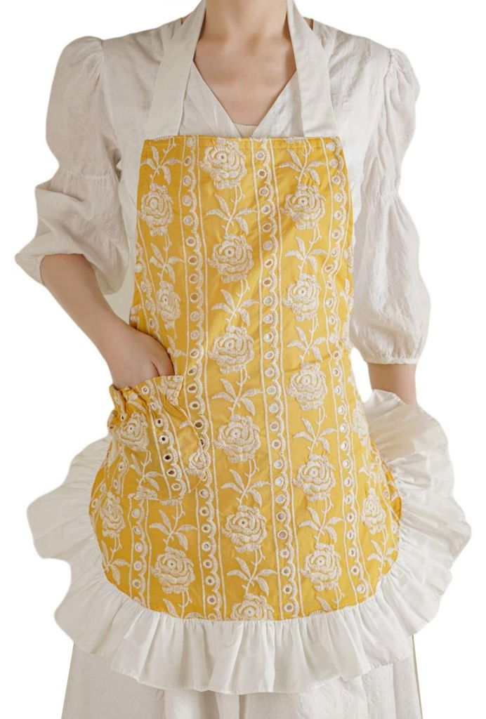 Küchenschürze für Damen mit Taschen und Kapuze, geblümte Baumwollschürze, leichte und atmungsaktive Kochschürze im Vintage-Stil mit Rüschen ...