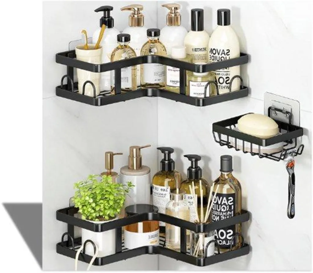 Fini les trous avec ce panier de douche autocollant inox noir lot 3