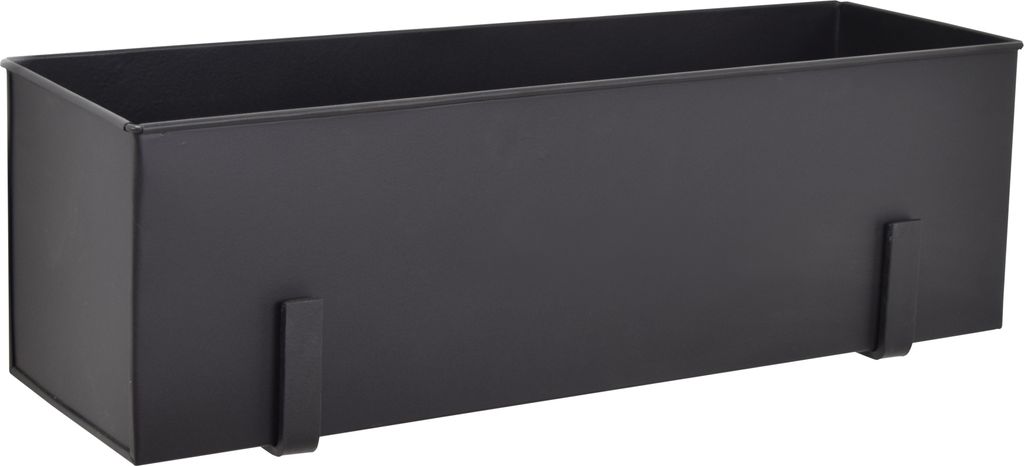 A black metal planter box with hooks for hanging.