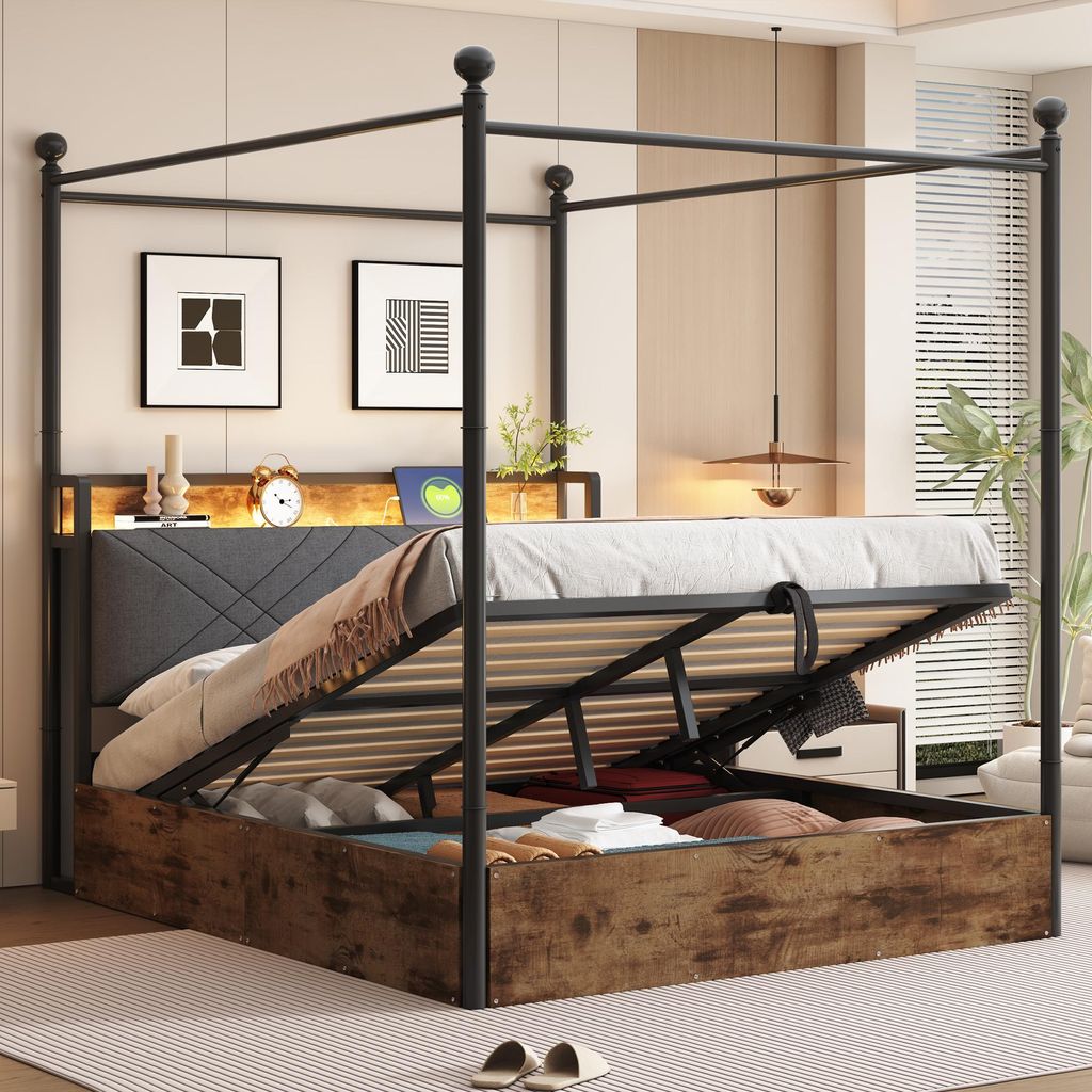 Flieks Hydraulisches Jugendbett 140x190cm mit Stauraum, Doppelbett Metallbett mit Led, Stauraumbett Eisenbett mit Ladefunktion, Schwarz