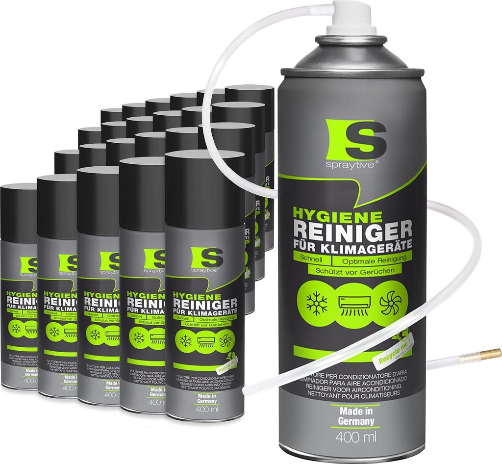 Spraytive 24x 400ml Hygiene Reiniger für Klimageräte - Klimaanlagenreiniger für Auto & Haus, Geruchsentferner Spray, mit Schlauch & Messingdüse