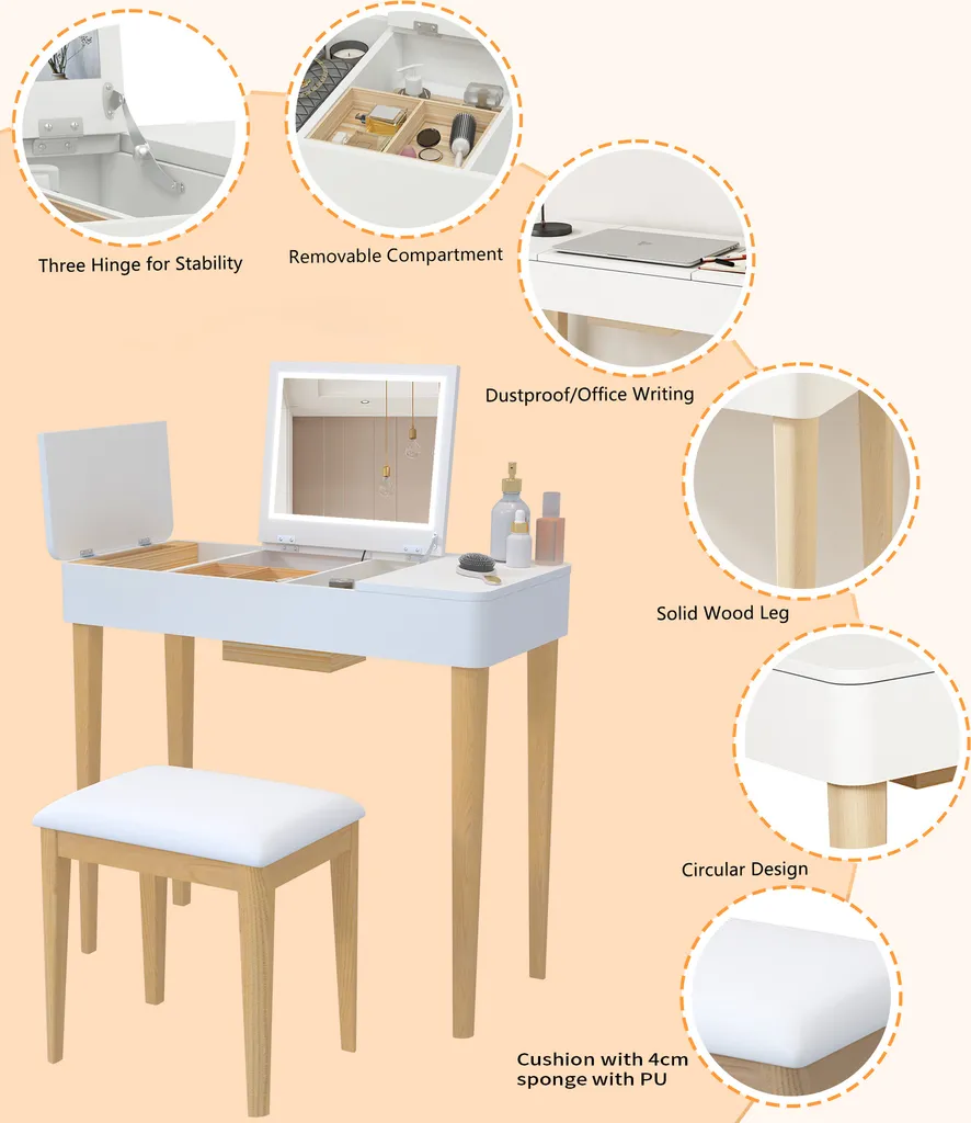 Coiffeuse en Bois avec Miroir Rabattable et 2 Compartiments de Rangement - 6