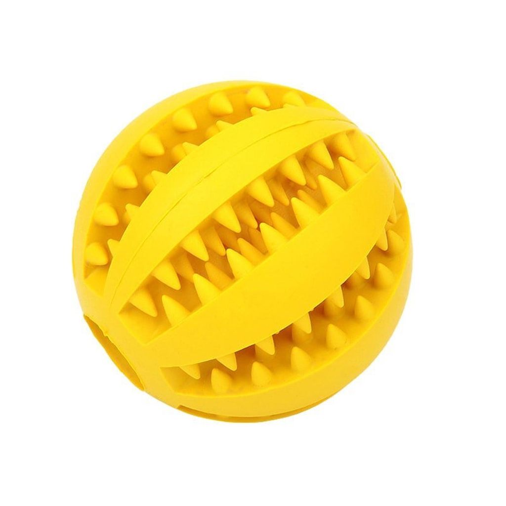 Gelbes Kauspielzeug für Hunde aus strapazierfähigem Kunststoff, ca. 7 cm Durchmesser, zur Zahnreinigung mit Leckerli-Schlitzen