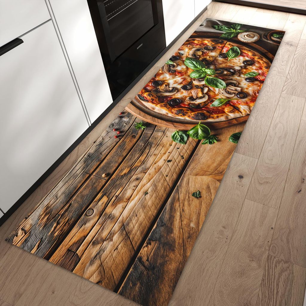 Küchenteppich 60x90cm rutschfest & abwischbar PVC Läufer - Holztisch Pizza