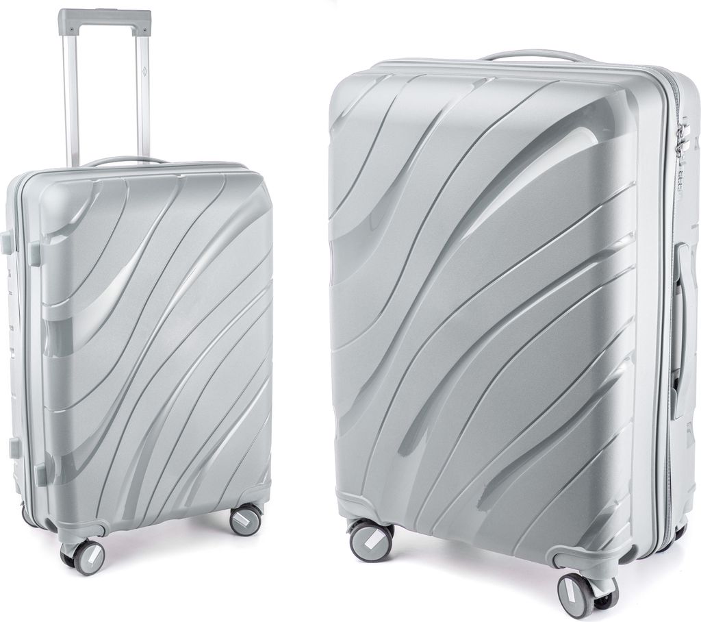 Two silver suitcases of different sizes are shown against a white background.