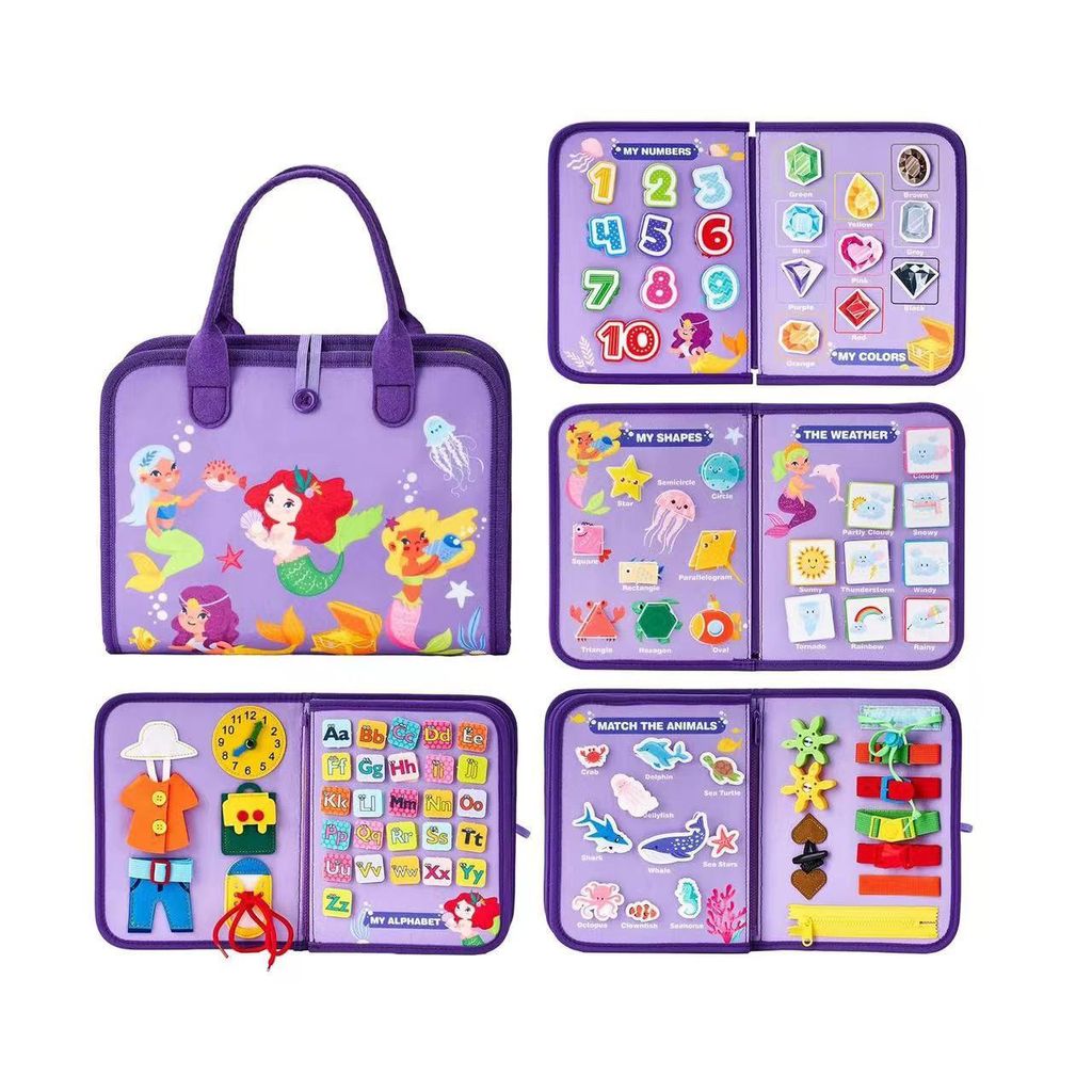 Lernspielzeug Filz Busy Board für Kinder, Motorikbrett, multifunktional, Reise-Spielzeug, Lila Meerjungfrau