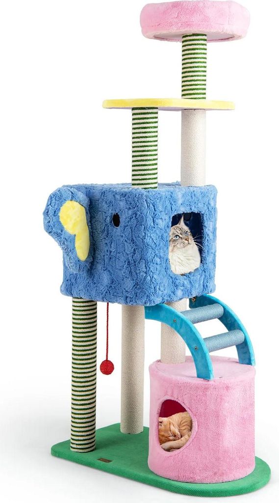 Katzen-Kratzbaum - Kletterbaum - 154 cm - 4 Ebenen - 2 Höhlen - Hängematte - Elefant-Design - Holz