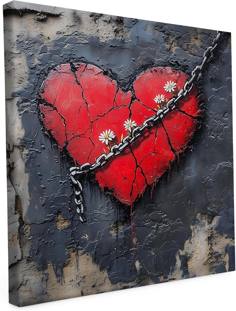 Banksy Motiv - Herz in Ketten - 40 x 40 cm - Wandbild auf Leinwand - matter Kunstdruck - Graffiti - Street Art - 2cm Holzrahmen - Keilrahmen bedruckt