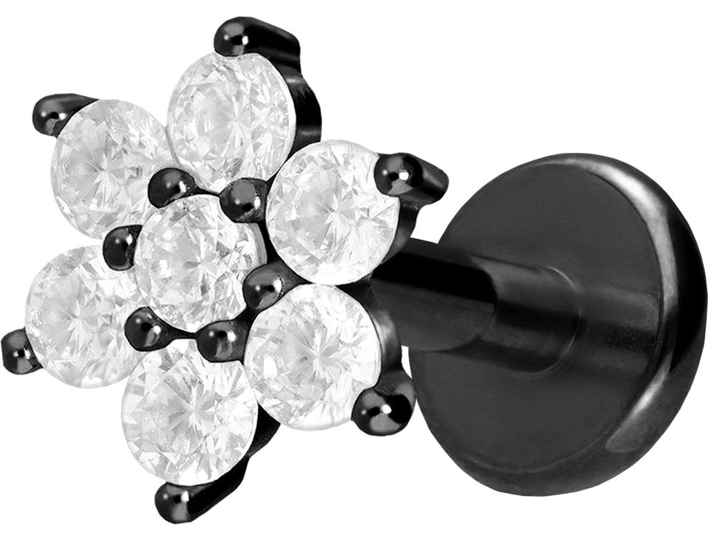 Ohrpiercing, Nasenpiercing Titan Labret mit Innengewinde KRISTALLBLUME Schwarz Stablänge: 6mm | Stabstärke: 1,2mm