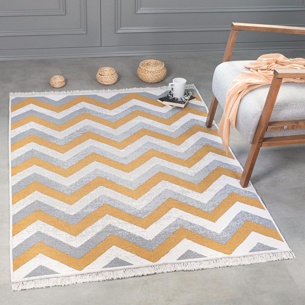 Kurzflor Teppich Läufer - Boho Kelim Teppich, Wohnzimmerteppich, Schlafzimmer und Küchenteppich, Flur Teppich, 60 x 90 cm, Zigzag-Gold