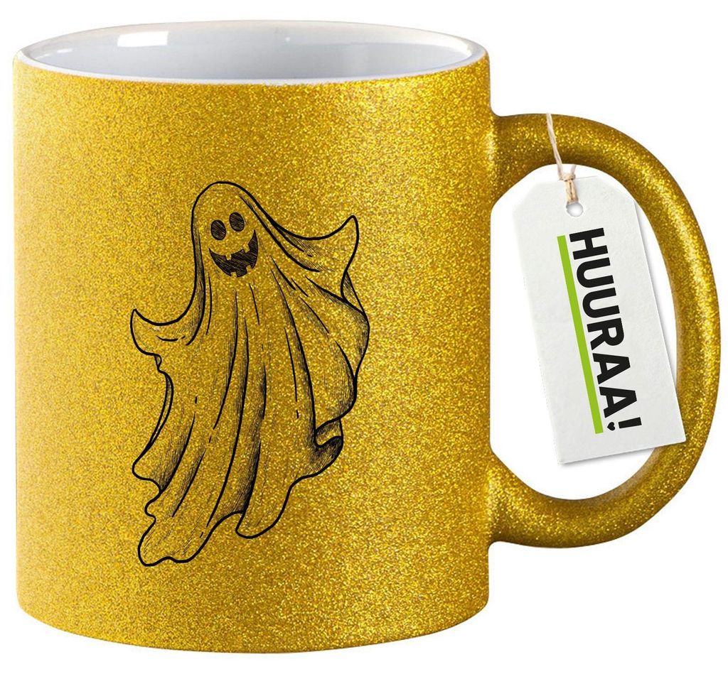 Huuraa Glitzertasse Comic Geist Fabelwesen 330ml Gold Keramik Kaffeebecher Geschenkidee