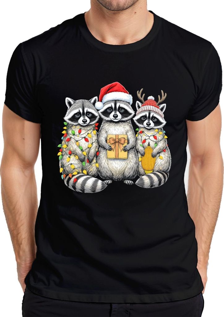 Weihnachts Waschbären Lustig Geschenk Lichterkette Weihnachtsmütz Herren T-Shirt, Schwarz, 3XL