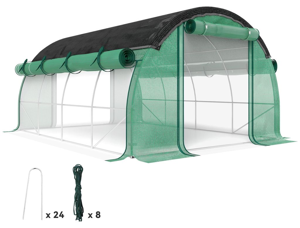 4 x 3 x 2 m Polytunnel-Gewächshaus mit Sonnenschutznetz, rollbaren Seitenwänden, Kunststoff-Abdeckung, Stahlrahmen, Grün