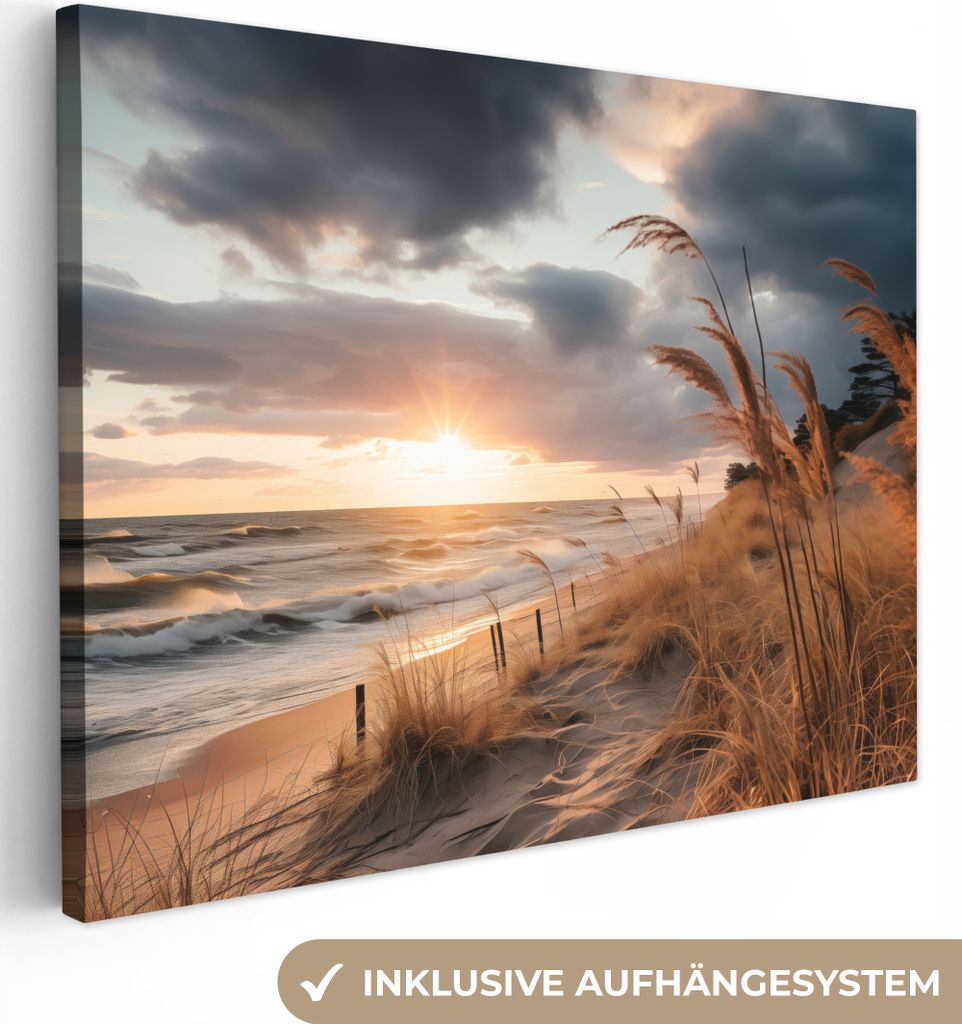 MuchoWow - Leinwandbilder - Strand - Dünen - Meer - Sand - Hochgras, Wandbild, Wanddeko Bilder Wohnzimmer, 80x60 cm