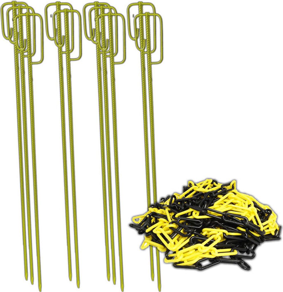 10x Absperrleinenhalter mit Kette Ø 14 x 1200mm, 25m viele Farben Absperrset(GELB 6mm)