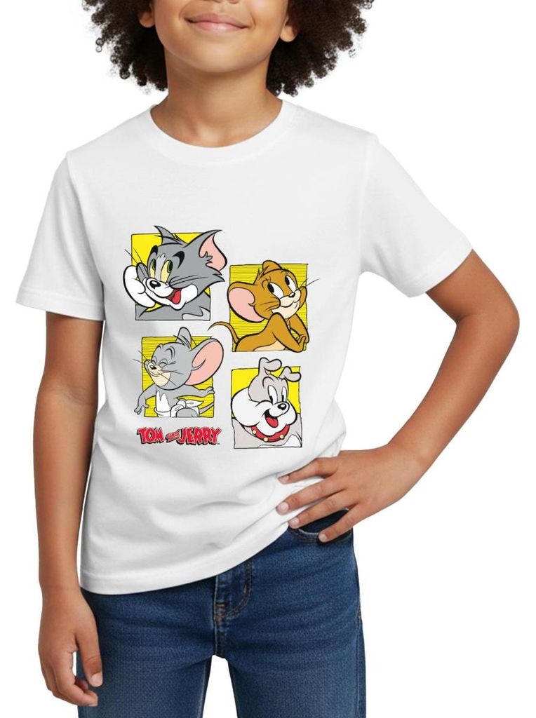 Spreadshirt Tom Und Jerry Vier Freunde Kinder T-Shirt, 122/128 (7-8 Jahre), Weiß