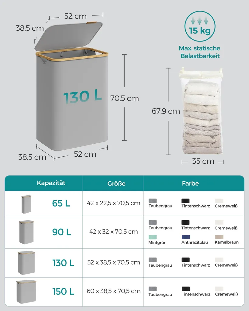 Panier à linge 2 compartiments avec couvercle gris tourterelle 110L - 6