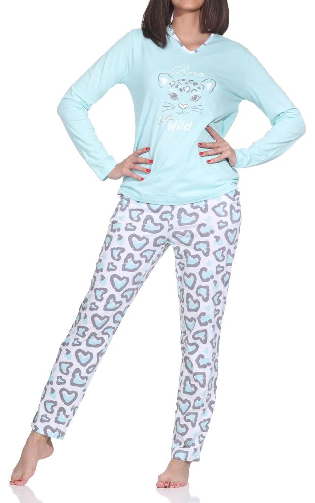 Normann Damen Schlafanzug langarm Pyjama mit Animal Print Motiv – auch in Übergrößen ; türkis , 52