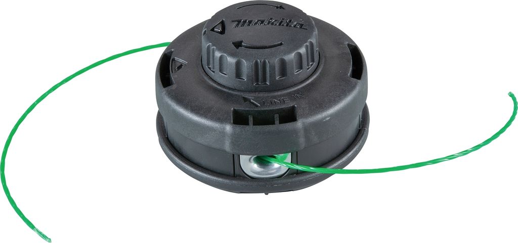 A black string trimmer head with green trimmer line, shown against a white background.