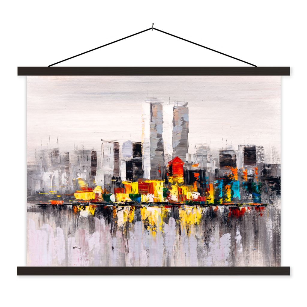 MuchoWow Textilposter Gemälde - Skyline - Farben - Ölfarbe 150x113 cm mit holzfarbenen Rahmen - Poster